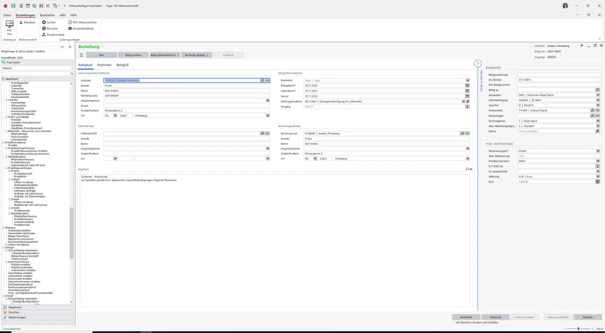 Sage 100 9.0.5.11 Einkaufsbelege bearbeiten (Standardkonfiguration): Register Belegkopf