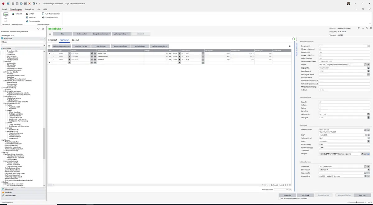 Sage 100 9.0.5.11 Einkaufsbelege bearbeiten (Standardkonfiguration): Register Positionen