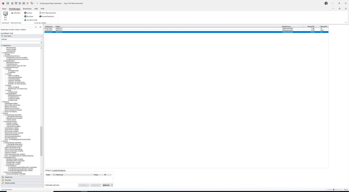 Sage 100 9.0.5.11 Fertigungsaufträge bearbeiten: Register Fertigung