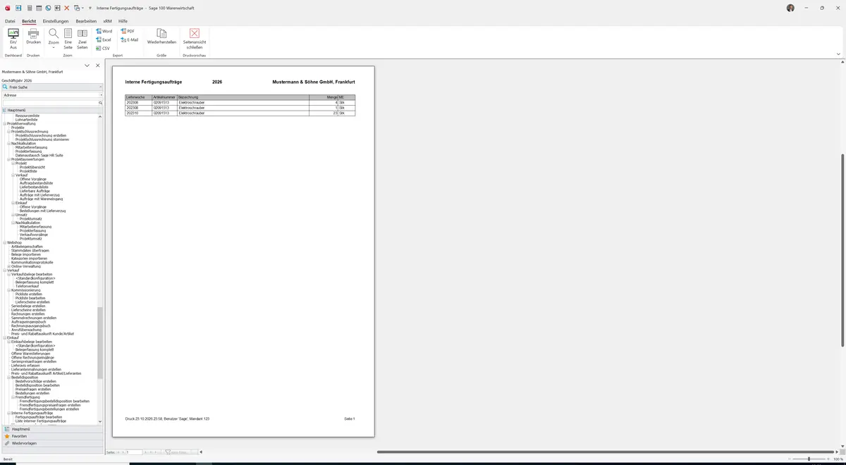 Sage 100 9.0.5.11 Liste interner Fertigungsaufträge: Bericht Vorschau