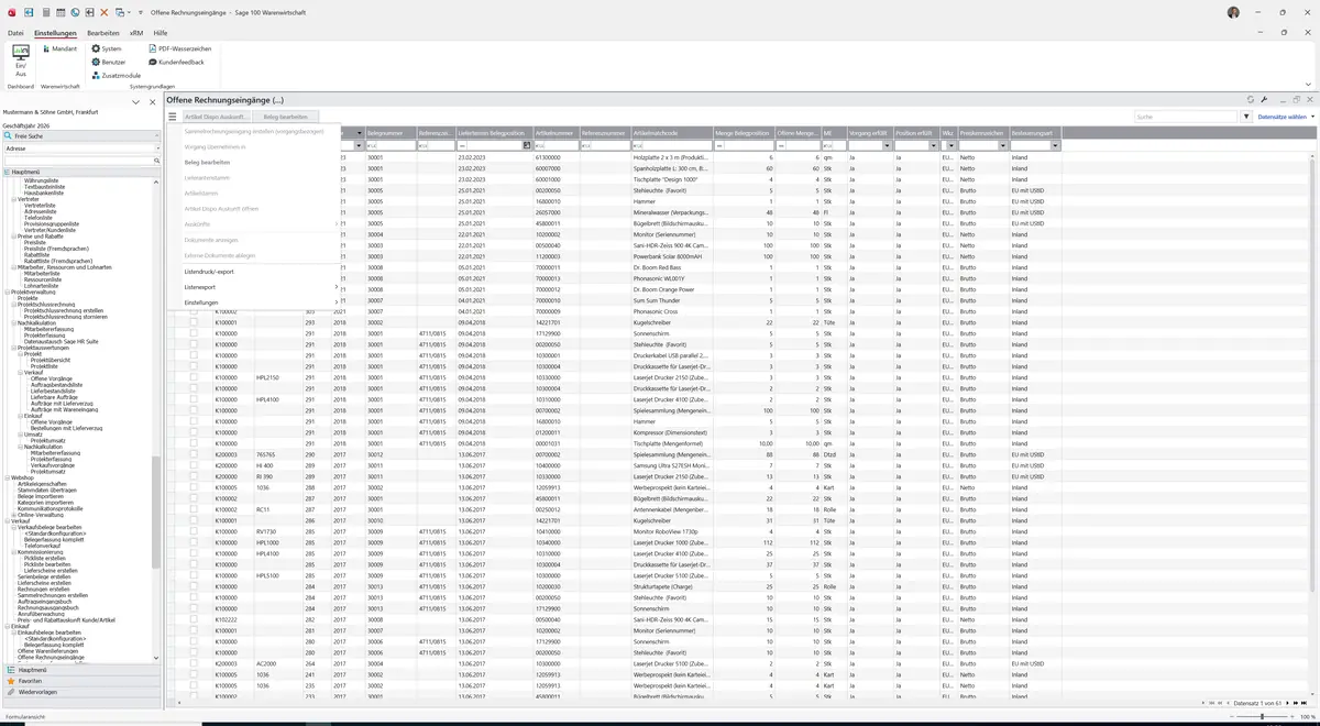 Sage 100 9.0.5.11 Offene Rechnungseingänge: Datenklassenmenü
