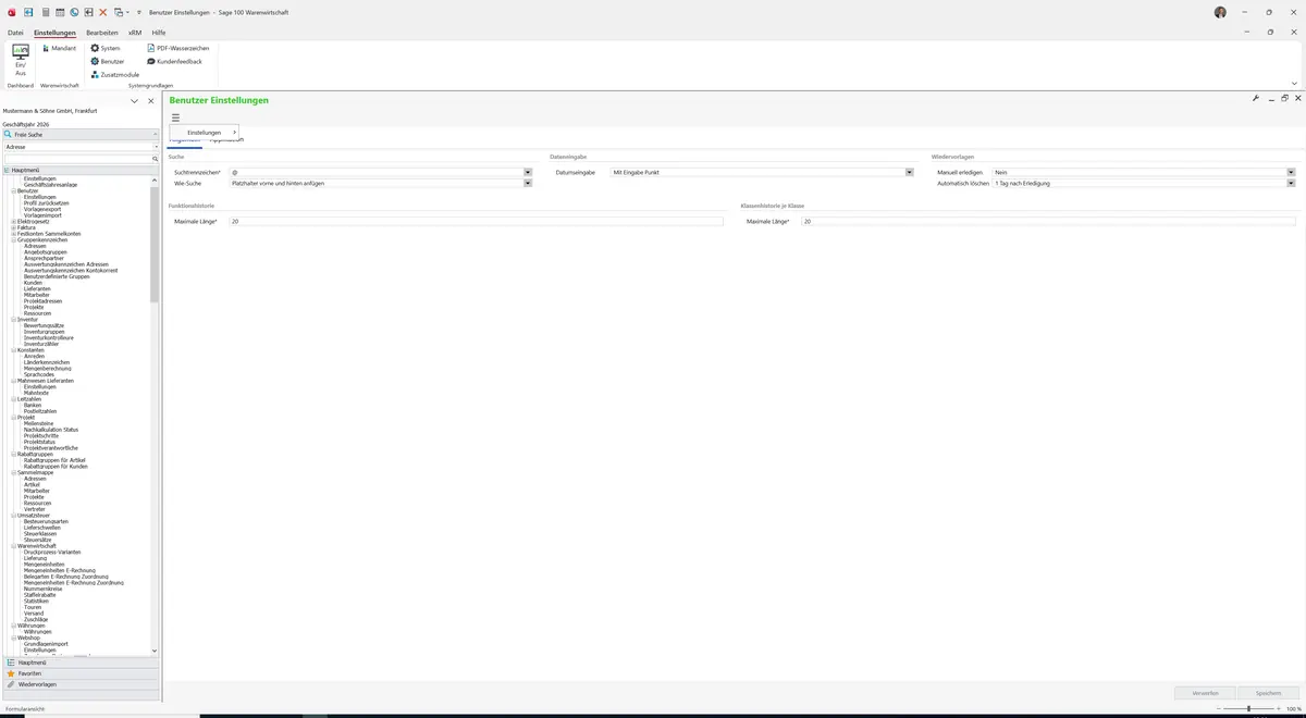 Sage 100 9.0.5.11 Benutzer Einstellungen: Datenklassenmenü
