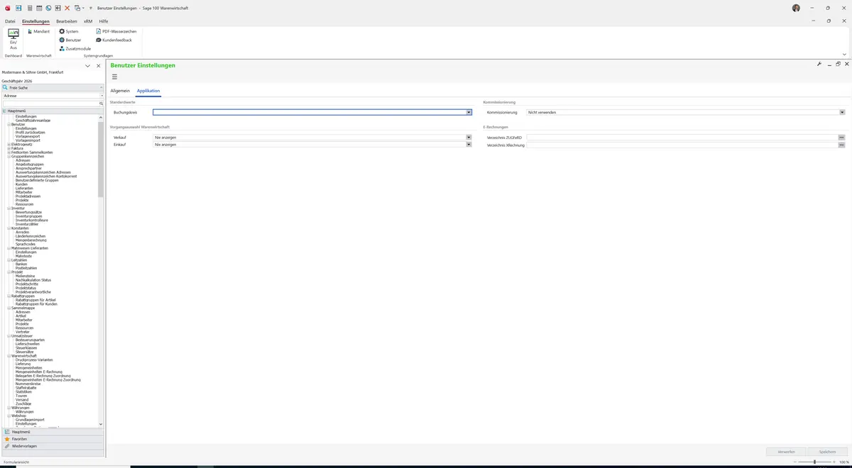 Sage 100 9.0.5.11 Benutzer Einstellungen: Register Applikation
