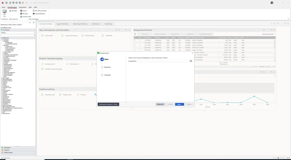 Sage 100 9.0.5.11 Vorlagenimport: Fehlermeldung ohne Vorlagendatei