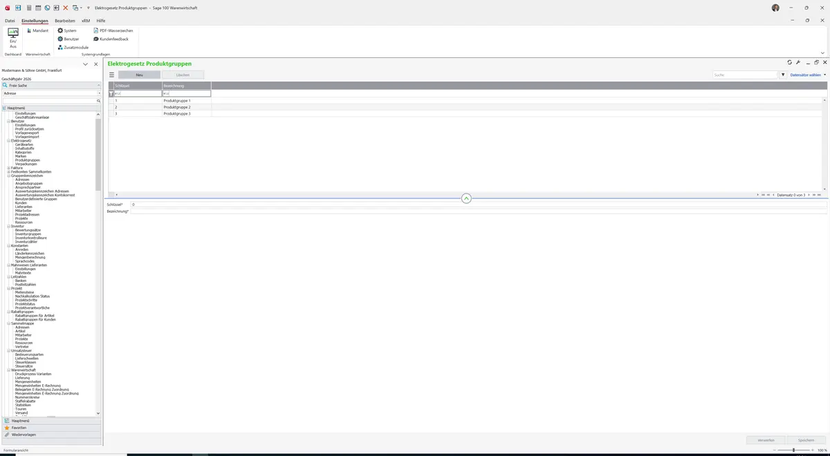 Sage 100 9.0.5.11 Elektrogesetz Produktgruppen: Maske Elektrogesetz Produktgruppen