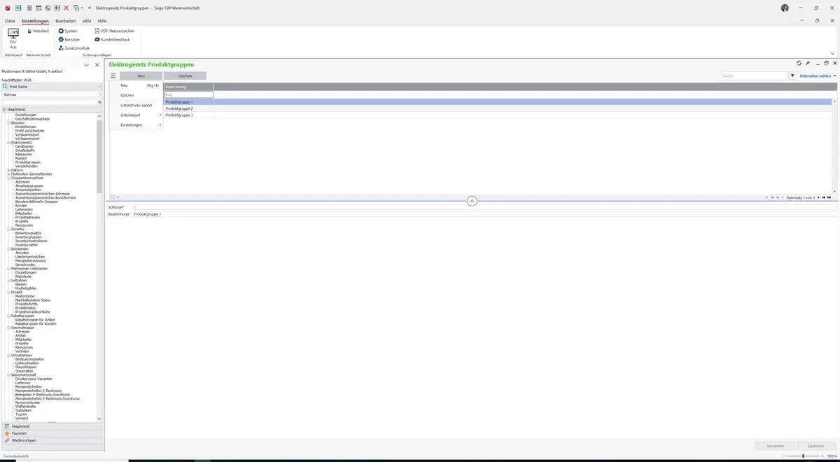 Sage 100 9.0.5.11 Elektrogesetz Produktgruppen: Datenklassenmenü