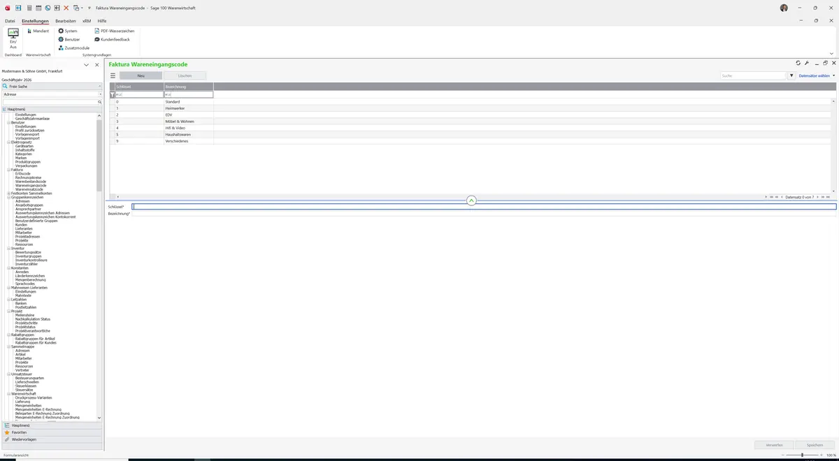 Sage 100 9.0.5.11 Faktura Wareneingangscode: Maske Faktura Wareneingangscode