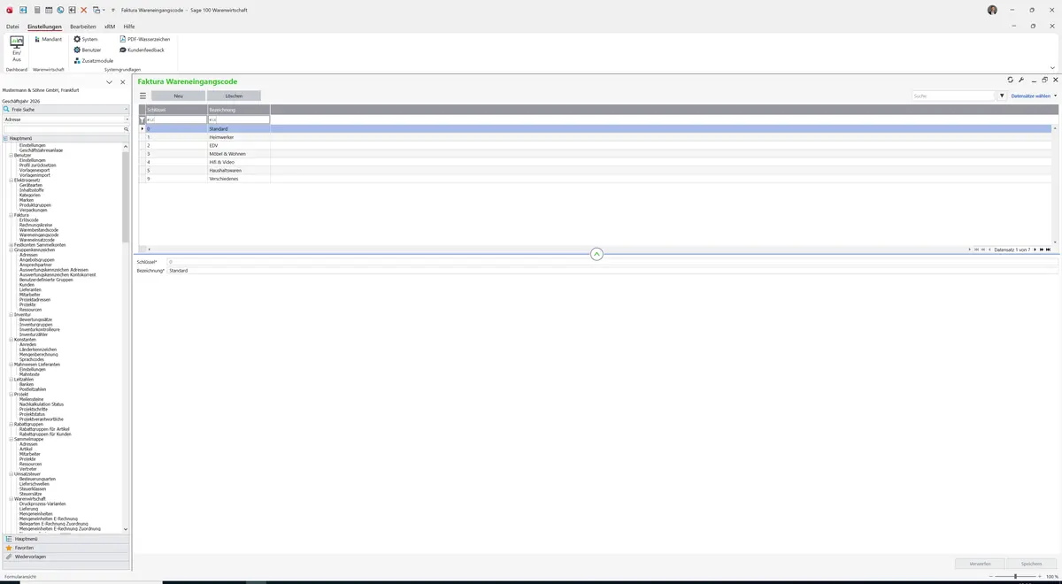 Sage 100 9.0.5.11 Faktura Wareneingangscode: Datensatz geladen