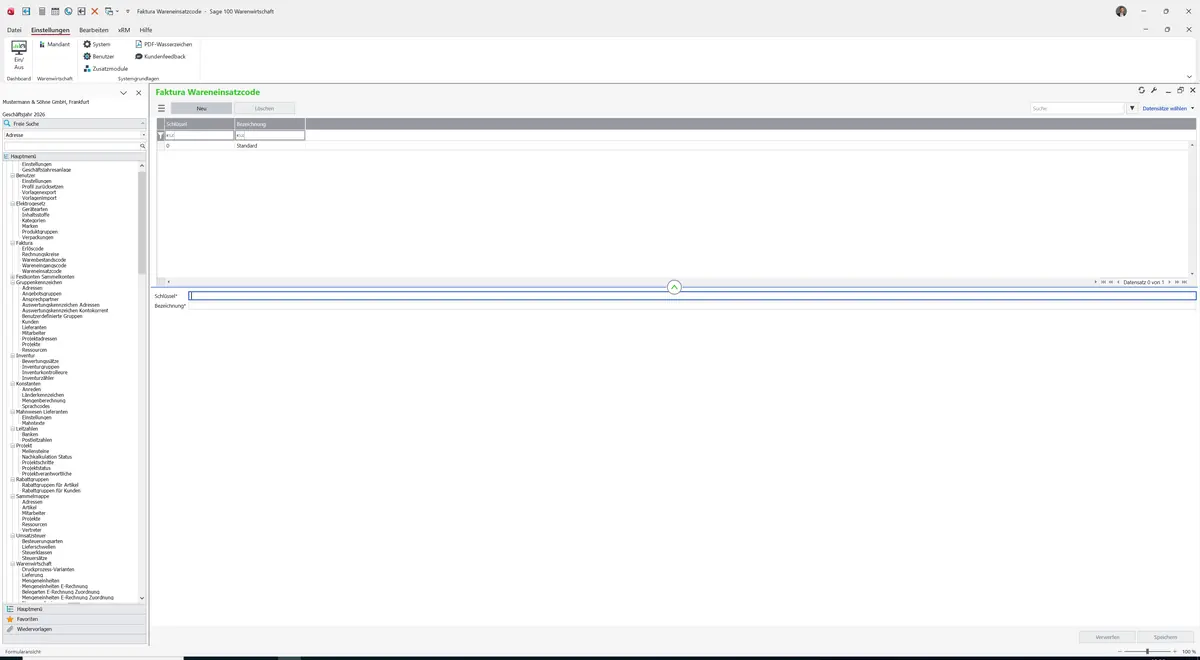 Sage 100 9.0.5.11 Faktura Wareneinsatzcode: Maske Faktura Wareneinsatzcode