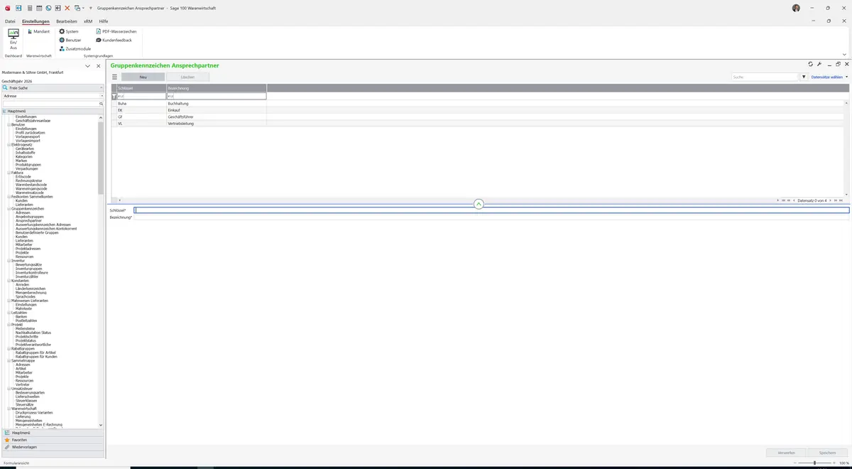 Sage 100 9.0.5.11 Gruppenkennzeichen Ansprechpartner: Maske Gruppenkennzeichen Ansprechpartner