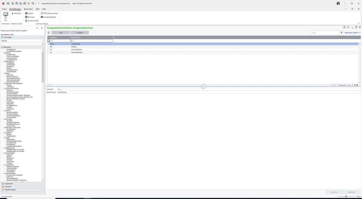Sage 100 9.0.5.11 Gruppenkennzeichen Ansprechpartner: Datensatz geladen