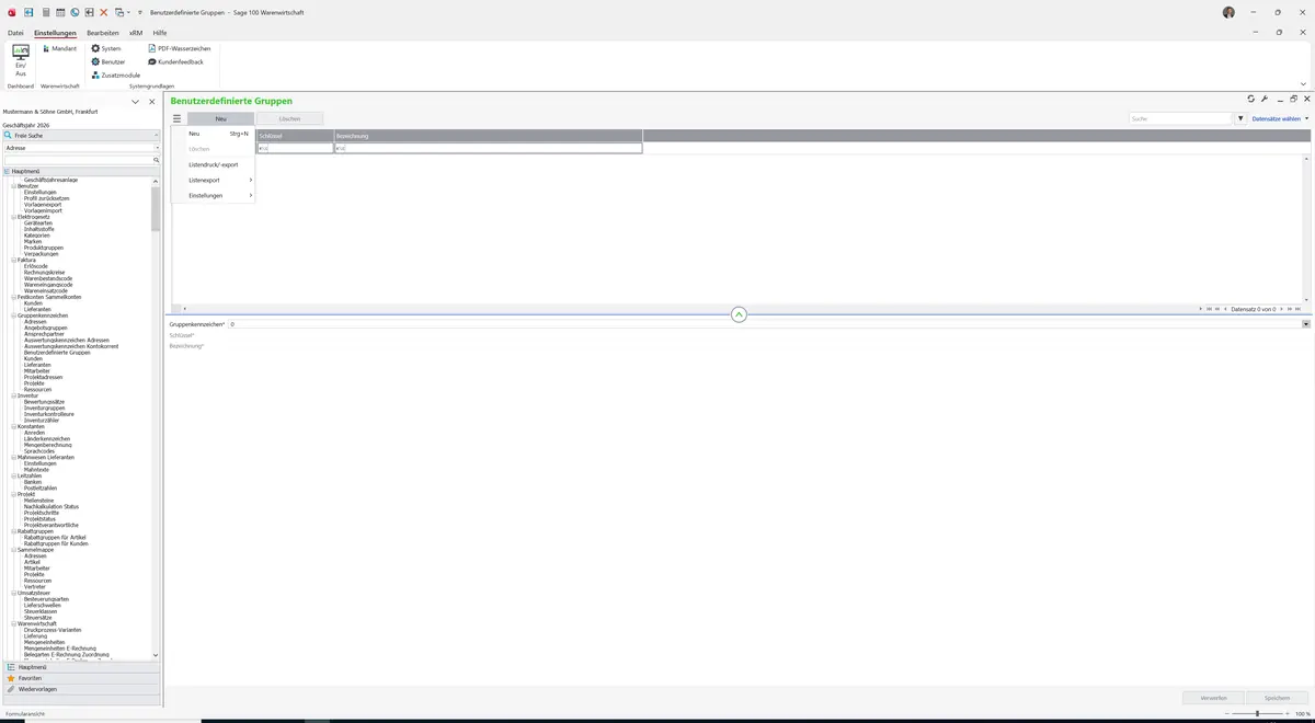 Sage 100 9.0.5.11 Benutzerdefinierte Gruppen: Datenklassenmenü