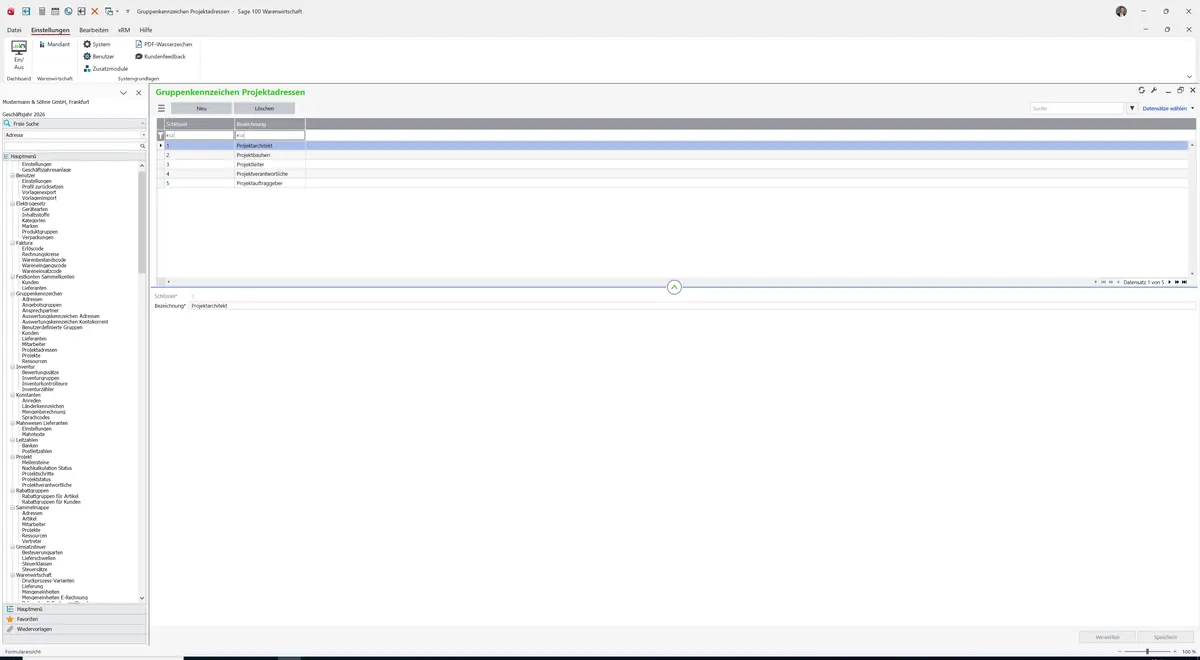 Sage 100 9.0.5.11 Gruppenkennzeichen Projektadressen: Datensatz geladen