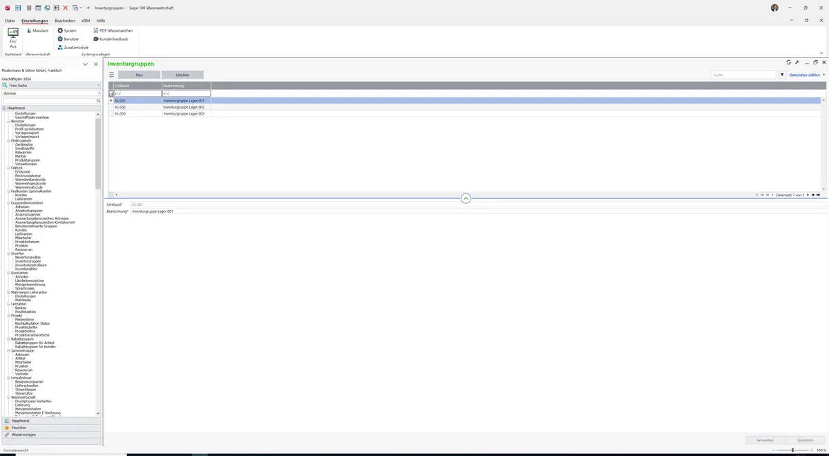 Sage 100 9.0.5.11 Inventurgruppen: Datensatz geladen