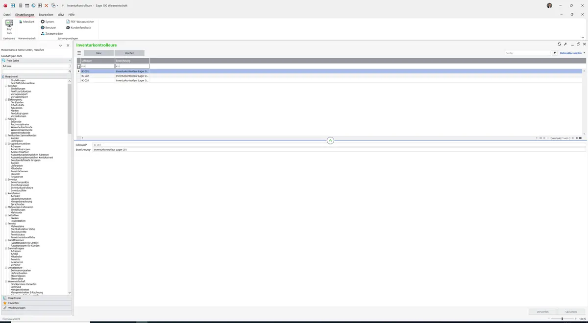 Sage 100 9.0.5.11 Inventurkontrolleure: Datensatz geladen