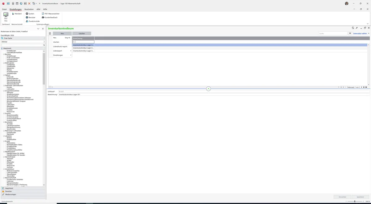 Sage 100 9.0.5.11 Inventurkontrolleure: Datenklassenmenü