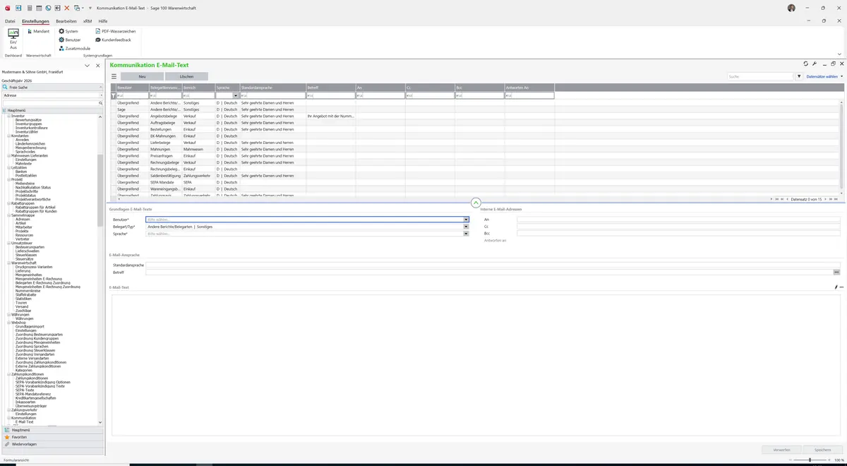 Sage 100 9.0.5.11 Kommunikation E-Mail-Text: Maske Kommunikation E-Mail-Text