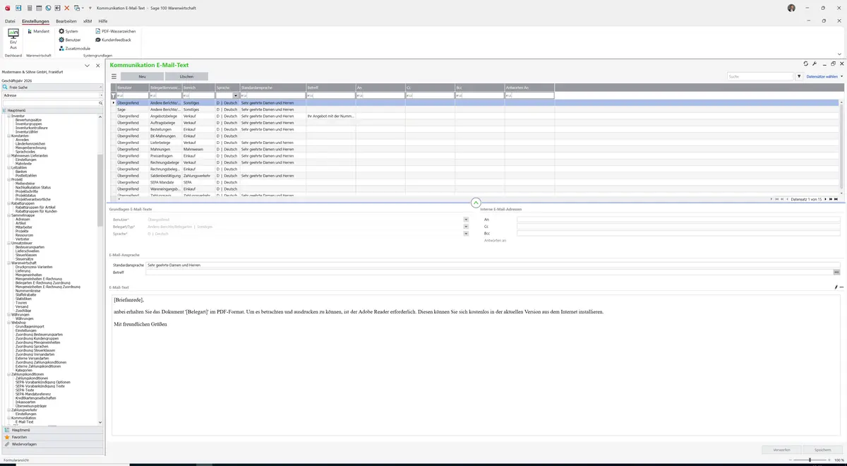 Sage 100 9.0.5.11 Kommunikation E-Mail-Text: Datensatz geladen