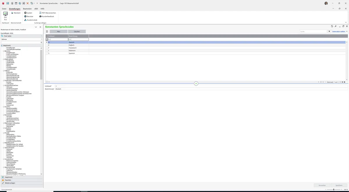 Sage 100 9.0.5.11 Konstanten Sprachcodes: Datensatz geladen