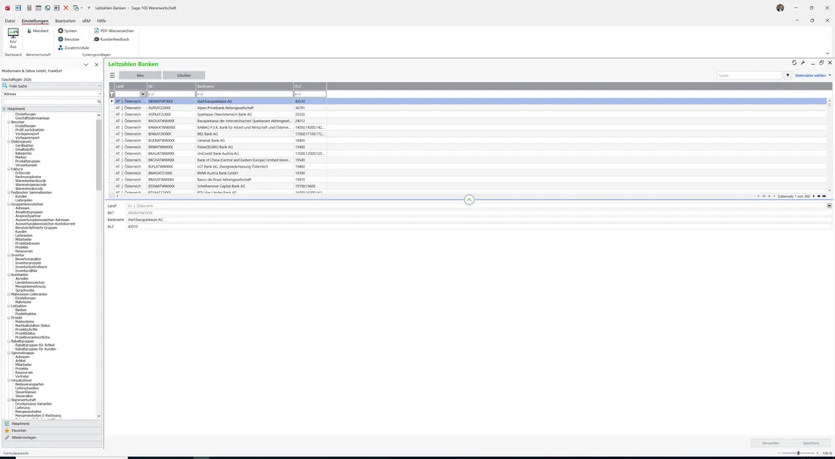 Sage 100 9.0.5.11 Leitzahlen Banken: Datensatz geladen