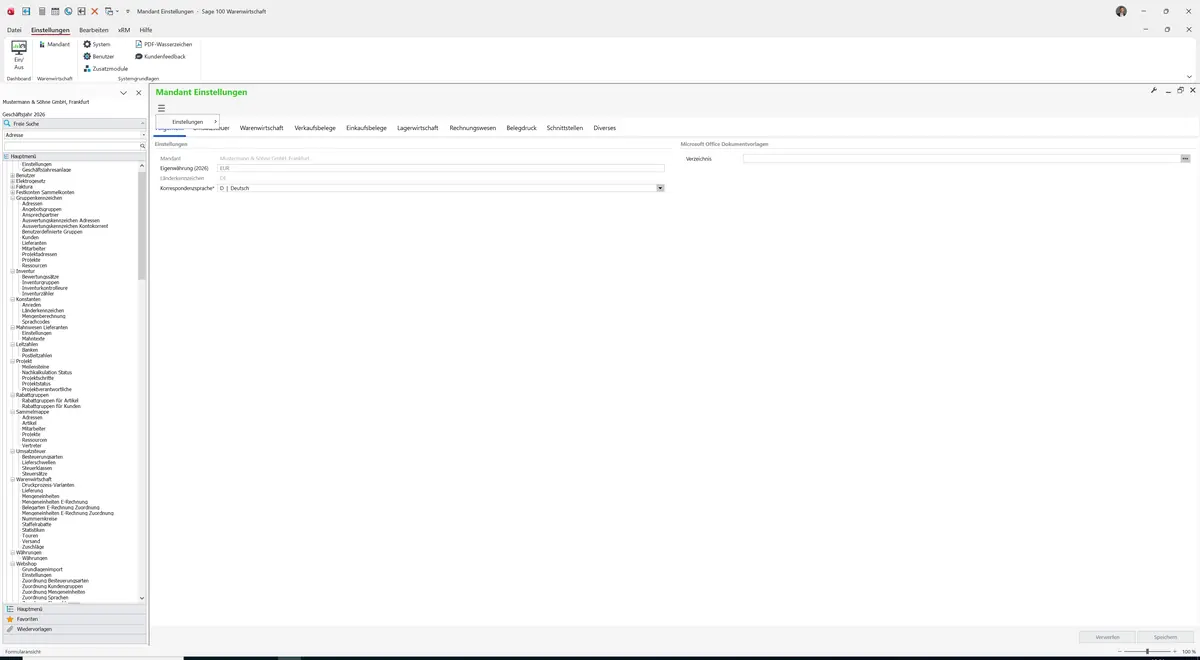 Sage 100 9.0.5.11 Mandant Einstellungen: Datenklassenmenü