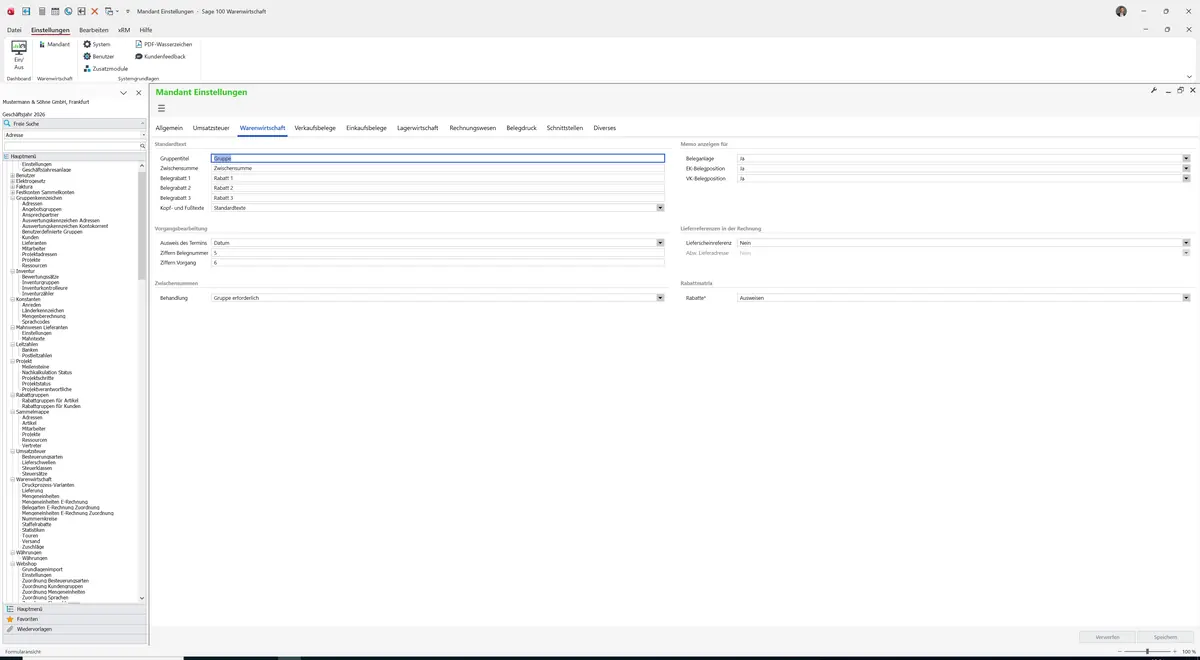 Sage 100 9.0.5.11 Mandant Einstellungen: Register Warenwirtschaft
