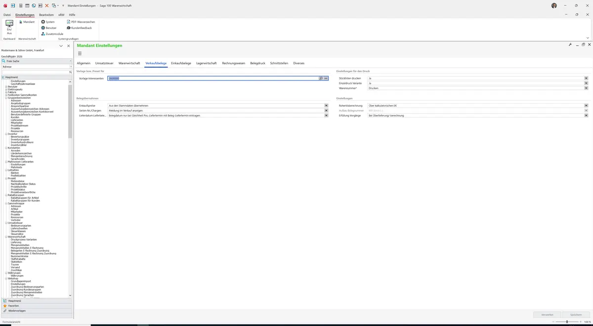Sage 100 9.0.5.11 Mandant Einstellungen: Register Verkaufsbelege