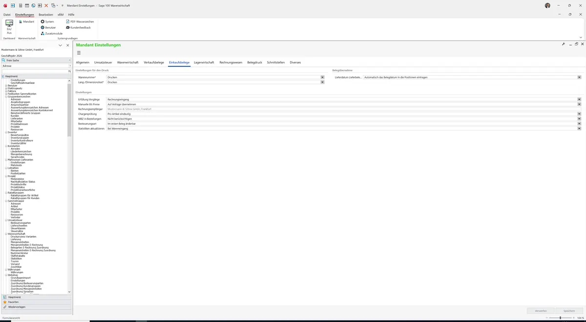 Sage 100 9.0.5.11 Mandant Einstellungen: Register Einkaufsbelege
