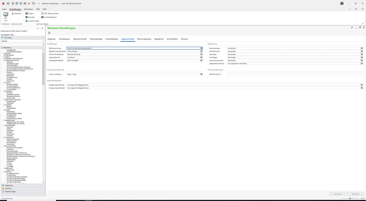 Sage 100 9.0.5.11 Mandant Einstellungen: Register Lagerwirtschaft