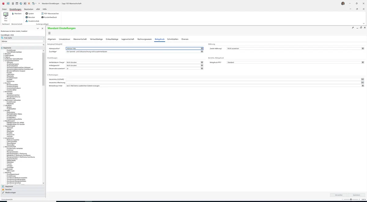 Sage 100 9.0.5.11 Mandant Einstellungen: Register Belegdruck