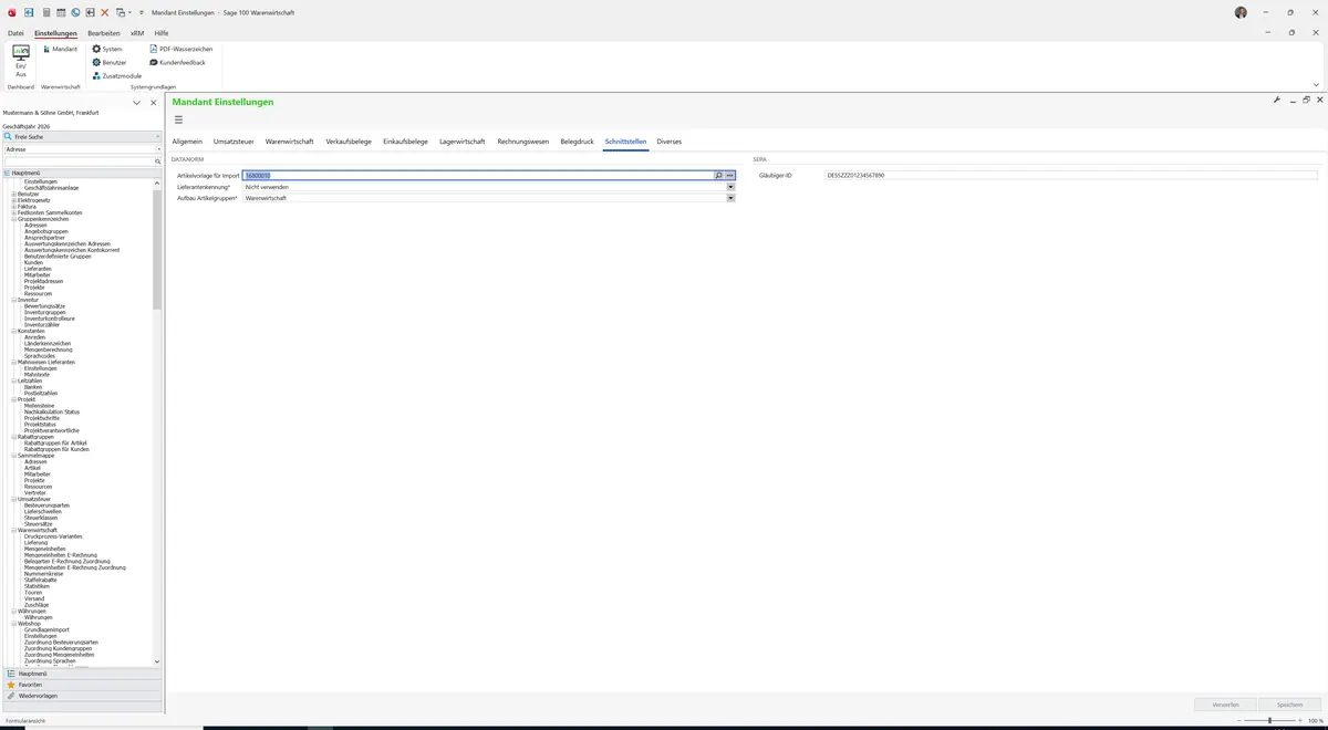 Sage 100 9.0.5.11 Mandant Einstellungen: Register Schnittstellen
