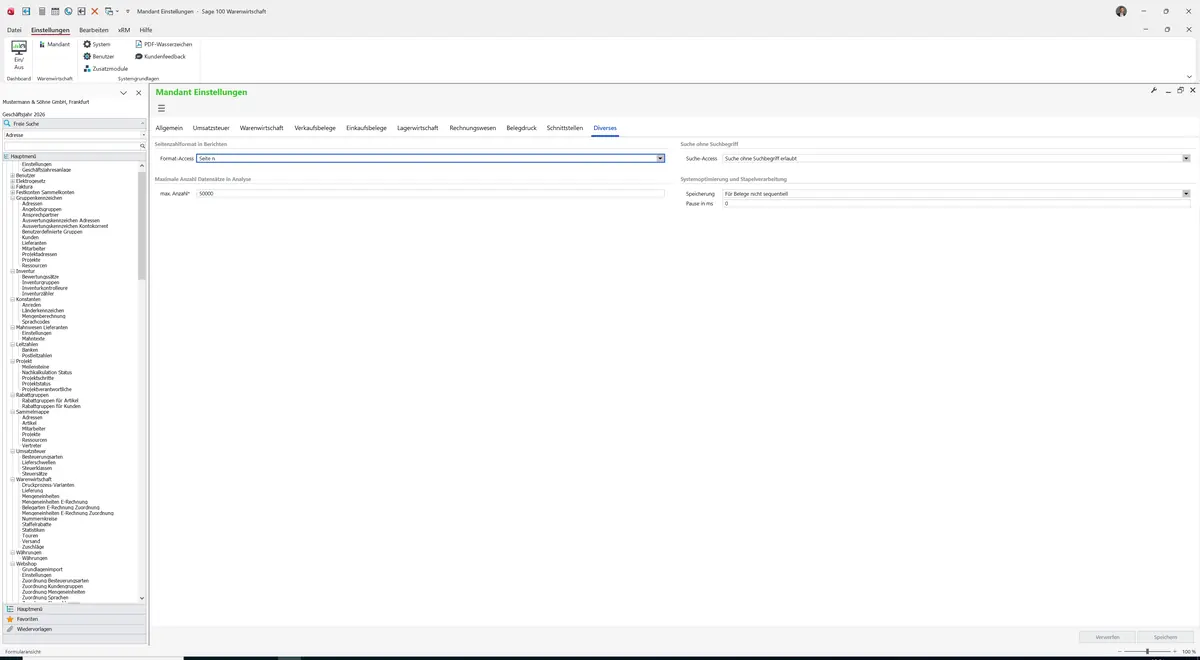 Sage 100 9.0.5.11 Mandant Einstellungen: Register Diverses