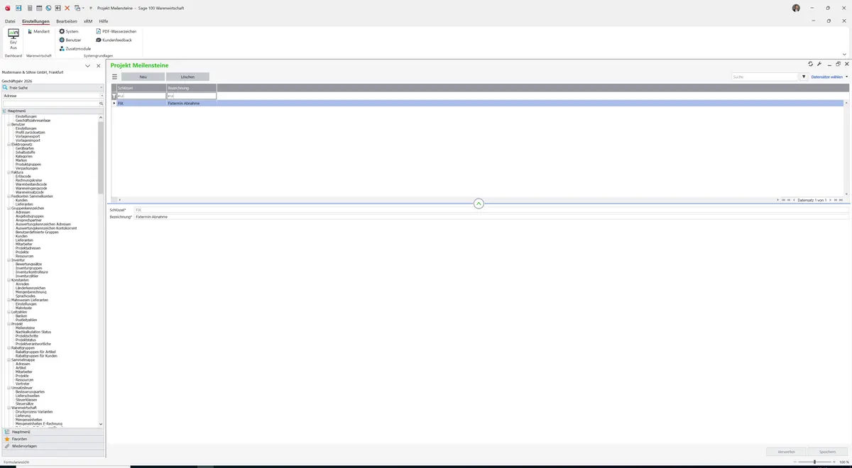 Sage 100 9.0.5.11 Projekt Meilensteine: Datensatz geladen