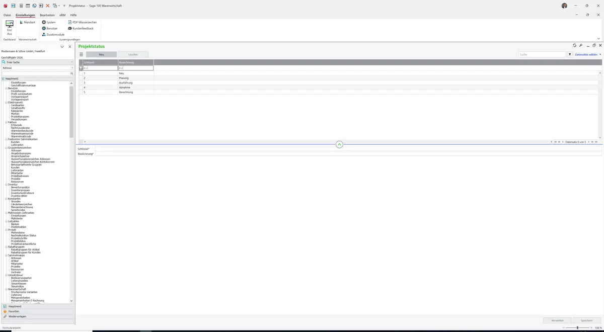 Sage 100 9.0.5.11 Projektstatus: Maske Projektstatus