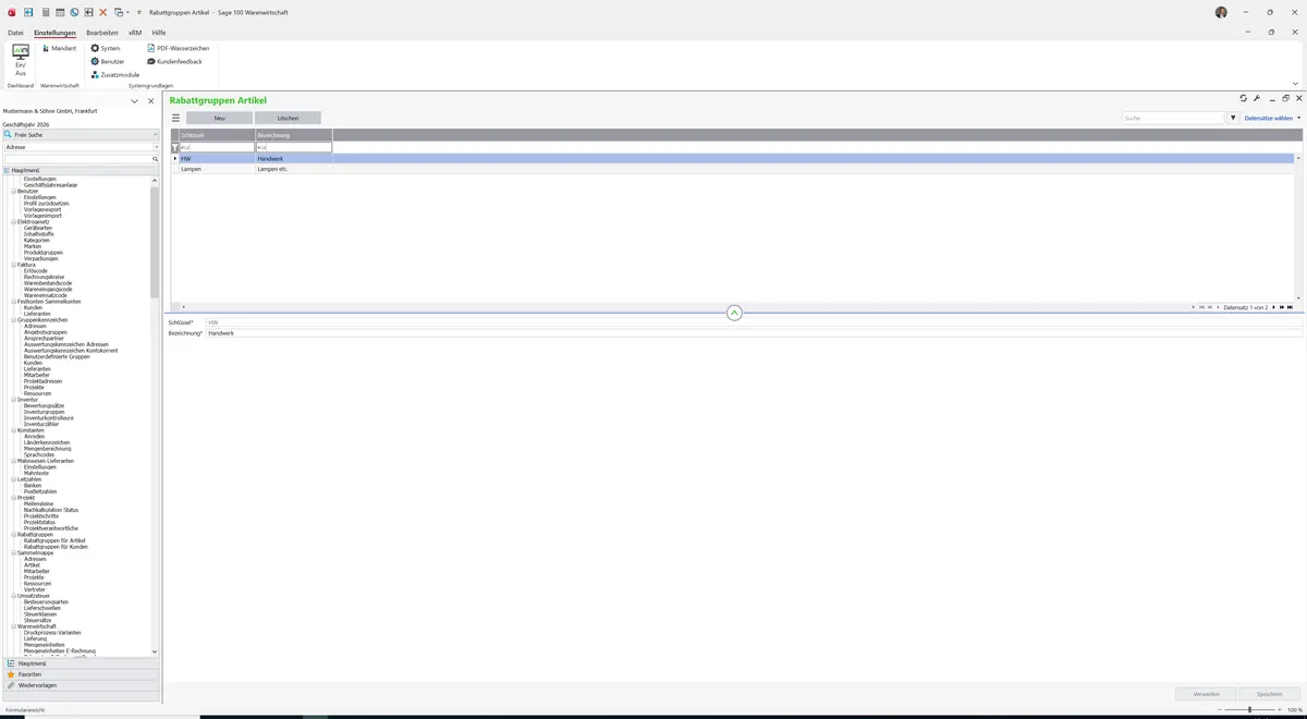 Sage 100 9.0.5.11 Rabattgruppen Artikel: Datensatz geladen