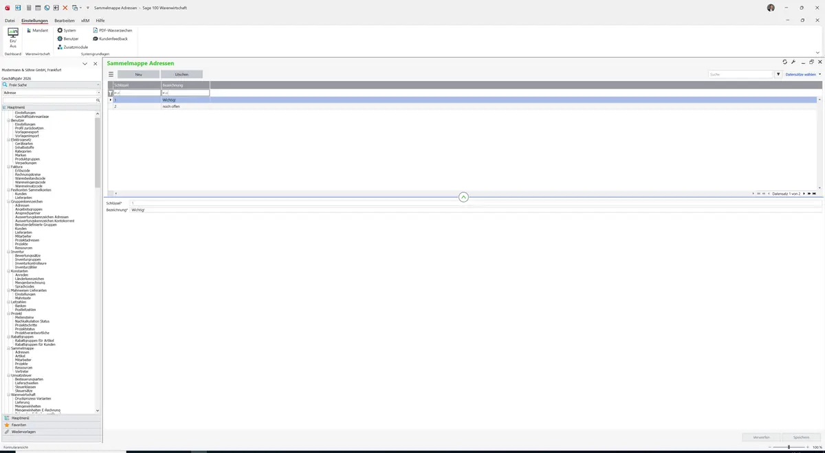 Sage 100 9.0.5.11 Sammelmappe Adressen: Datensatz geladen