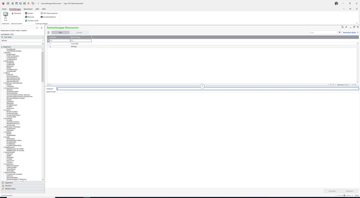 Sage 100 9.0.5.11 Sammelmappe Ressourcen: Maske Sammelmappe Ressourcen