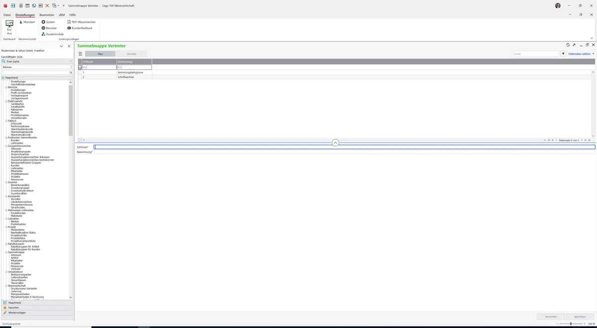 Sage 100 9.0.5.11 Sammelmappe Vertreter: Maske Sammelmappe Vertreter