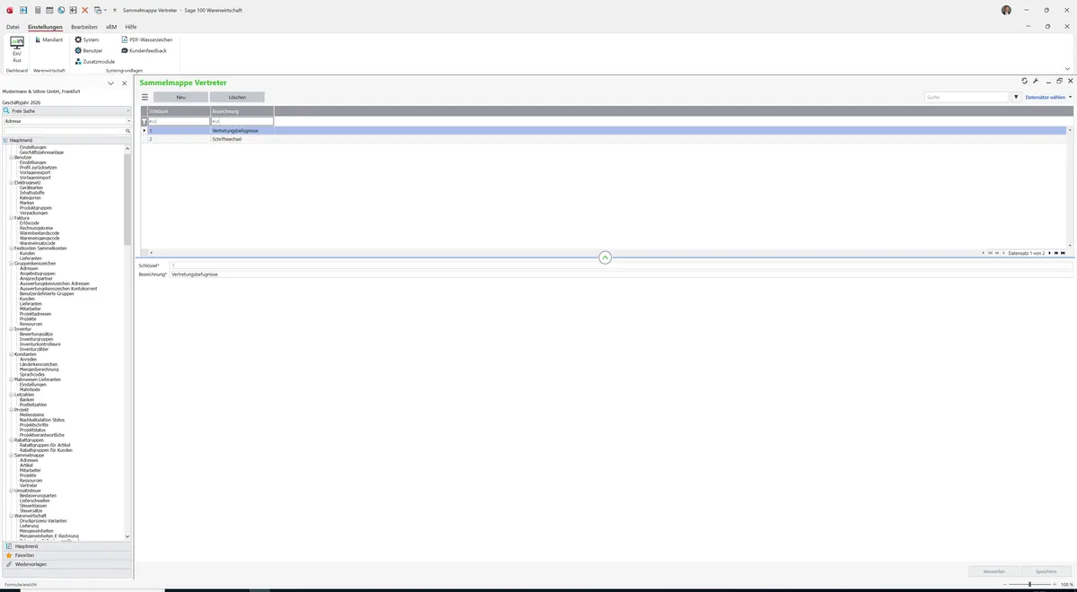 Sage 100 9.0.5.11 Sammelmappe Vertreter: Datensatz geladen