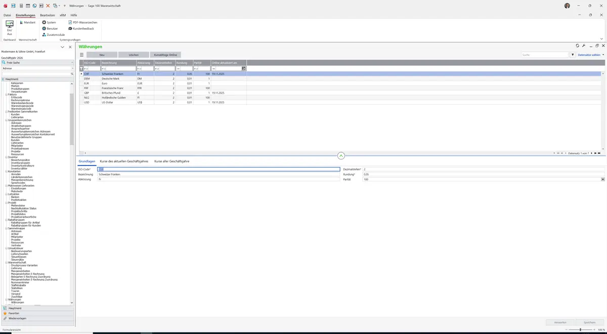 Sage 100 9.0.5.11 Währungen: Register Grundlagen