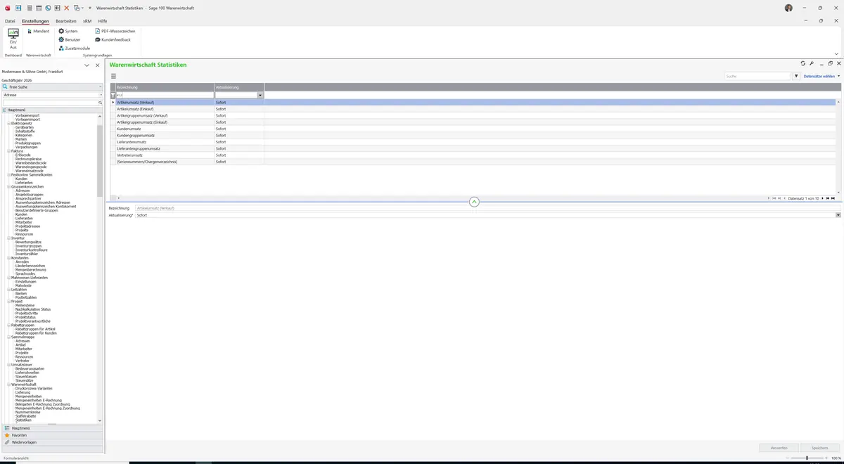Sage 100 9.0.5.11 Warenwirtschaft Statistiken: Datensatz geladen