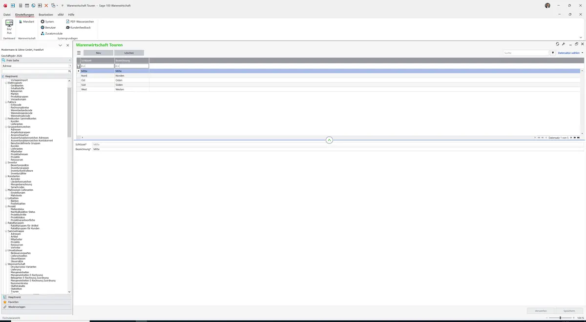 Sage 100 9.0.5.11 Warenwirtschaft Touren: Datensatz geladen