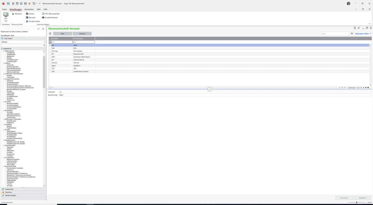Sage 100 9.0.5.11 Warenwirtschaft Versand: Datensatz geladen