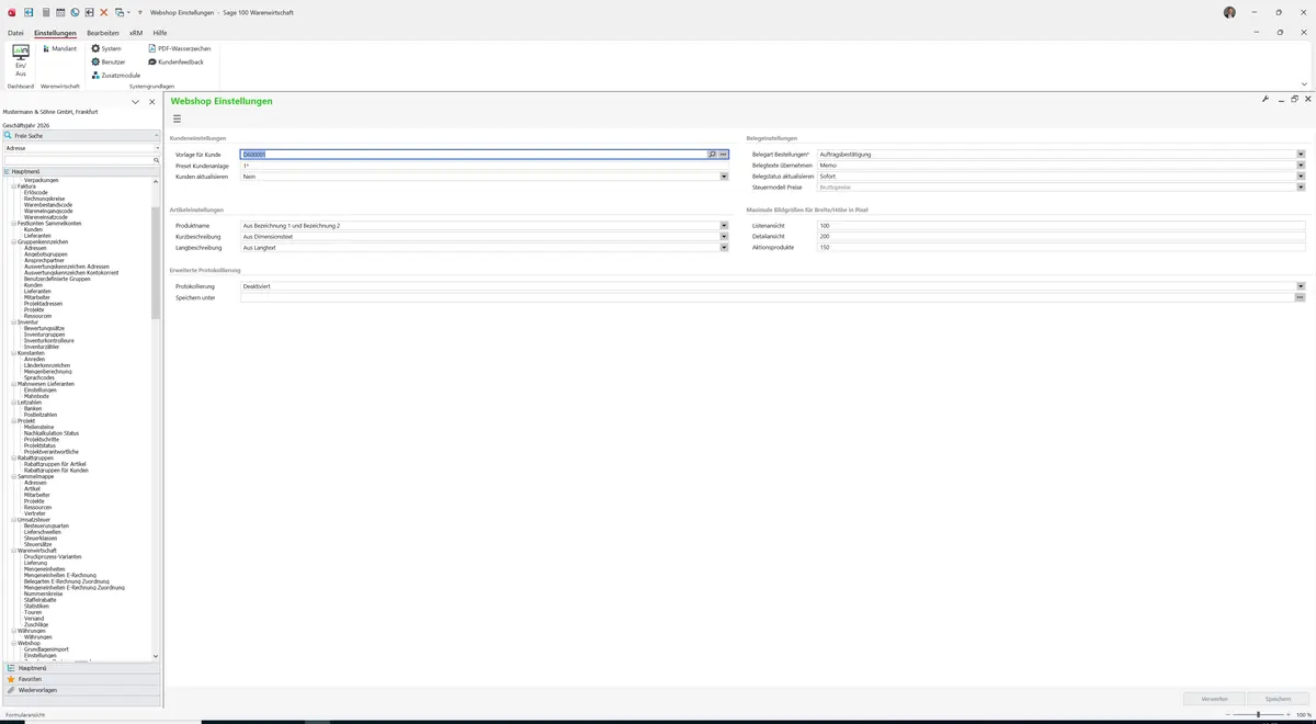 Sage 100 9.0.5.11 Webshop Einstellungen: Maske Webshop Einstellungen
