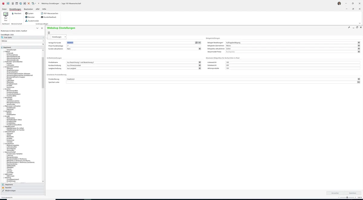 Sage 100 9.0.5.11 Webshop Einstellungen: Datenklassenmenü