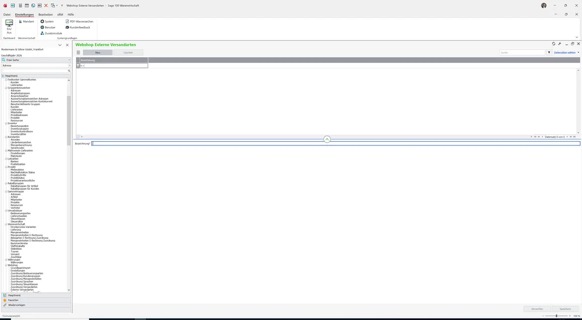 Sage 100 9.0.5.11 Webshop Externe Versandarten: Maske Webshop Externe Versandarten