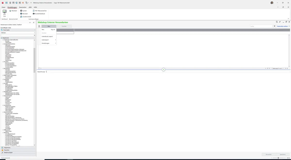 Sage 100 9.0.5.11 Webshop Externe Versandarten: Datenklassenmenü