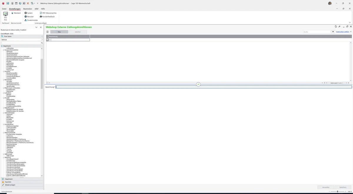 Sage 100 9.0.5.11 Webshop Externe Zahlungskonditionen: Maske Webshop Externe Zahlungskonditionen