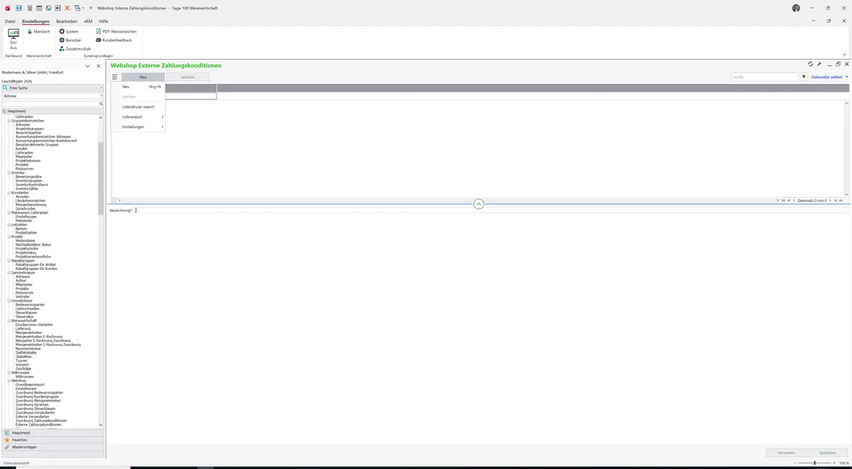 Sage 100 9.0.5.11 Webshop Externe Zahlungskonditionen: Datenklassenmenü