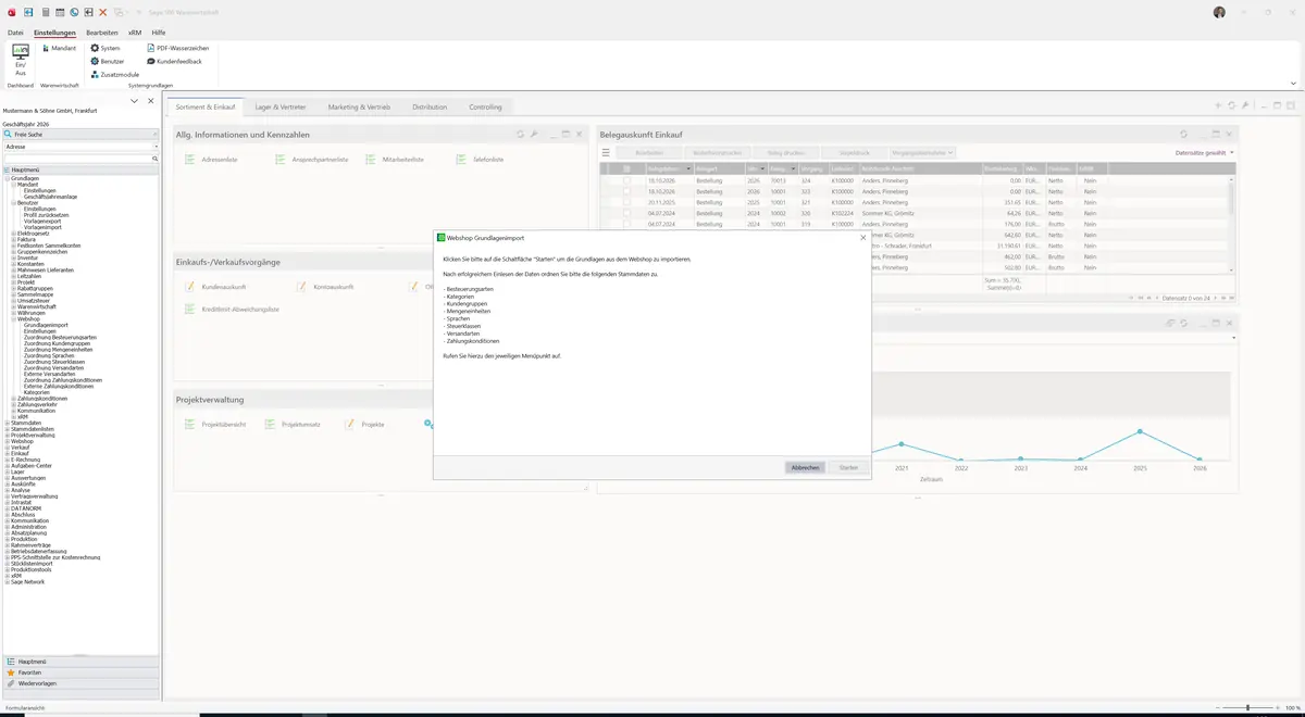 Sage 100 9.0.5.11 Webshop Grundlagenimport: Maske Webshop Grundlagenimport